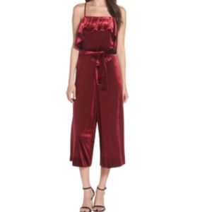 Avec Les Filles Burgundy Crushed Velvet Sleeveless Cropped Jumpsuit Size 6